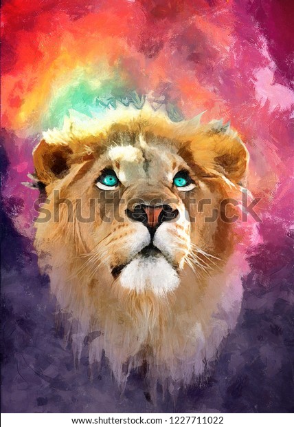 Realistic modern oil painting of lion's face for mural wallpaper customization