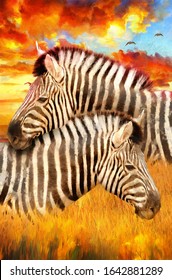 Realistic Modern Oil Painting Of Zebra, Artist Collection Of Animal Painting For Decoration And Interior, Canvas Art, Lovely Couple Zebra On Colorful Background