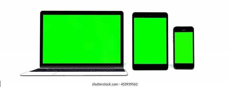 realistic Monitor laptop tablet and phone set - green screen - 3d render