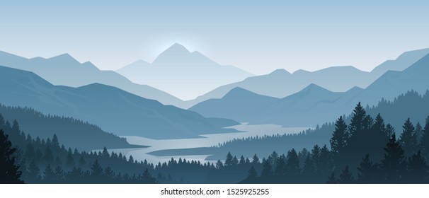 Realistic mountains landscape. Morning wood panorama, pine trees and mountains silhouettes.  forest hiking background