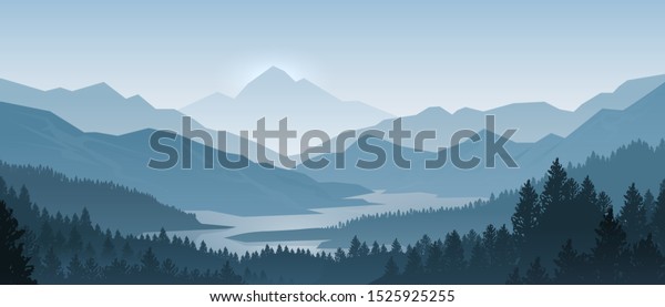 リアルな山の景色 モーニングウッドパノラマ 松の木 山のシルエット 森のハイキング背景 のイラスト素材