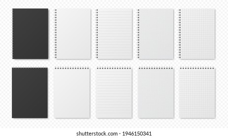 Realistic Notepads. Blank Sheets, Open Planners. Notebooks With Lines And Empty Paper. Isolated Black Book Cover With Chrome Iron Spirals Set