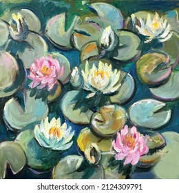 Realistic oil painting square. Water lilies bloomed on the green petals, water-lily in the garden lake, swamp, river. Modern art conceptual picture of bright sunny day, positive mood like in fairytale