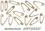 Realistic open and closed golden sewing safety pins in different positions. 3D rendered image set. 3D Illustration