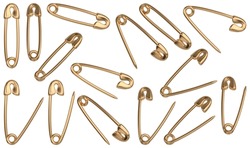 Realistic Open And Closed Golden Sewing Safety Pins In Different Positions. 3D Rendered Image Set. 3D Illustration