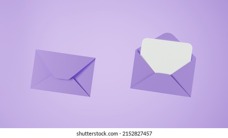 Realistic Open, Closed Purple Envelope Set. Isolated Envelopes. Blank, Empty Paper Sheet, Invitation, Message, Letter, Document. Design Template For Mockup. Envelope Closeup, Top View. 3D Render