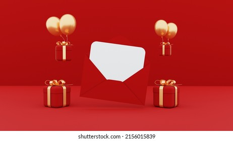 Realistic Open, Closed Red Envelope Set. Isolated Envelopes. Blank, Empty Paper Sheet, Invitation, Message, Letter, Document. Design Template For Mockup. Envelope Closeup, Top View. 3D Render