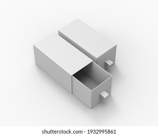 Realistic package cardboard sliding drawer box with ribbon pull on white background, 3d illustration.
