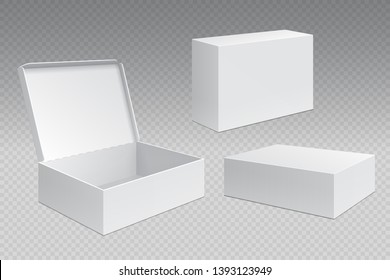 Realistic Packaging Boxes. White Open Cardboard Pack, Blank Merchandising Products Mock Up. Carton Square Container Template
