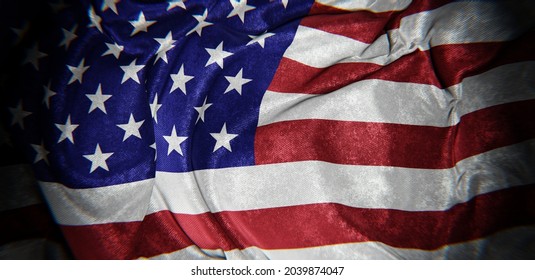 Realistic panoramic 3D illustration of the dark and grungy national flag of the United States of America