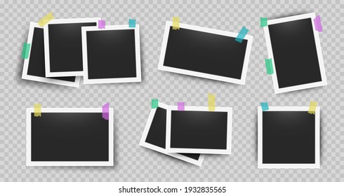 Realistic photo frames with tape. Retro 3D snapshot with white frame and sticky tape on the transparent wall.  concept old photo set print for gluing to wall pictures in white framing