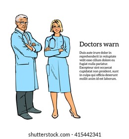 Realistic Physicians Upright. Should The Doctor A Young Girl. Old Man In A Medical Dressing Gown. People Stand With His Arms Crossed. Doctors Warn. A Close Look. Hand-drawn Style, Doctors Two, Doctor 