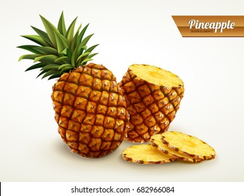 Realistic Pineapple With Sliced Flesh For Design Uses In 3d Illustration Isolated On Beige Background