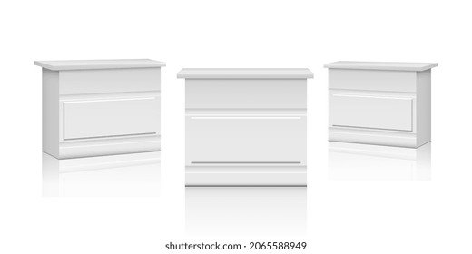 Realistic Promo Stands. White Market Counters, 3D Interior Chest Of Drawers Or Bureau. Expo Showroom Tables Mockup