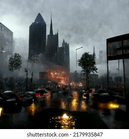 Realistic Rainy Dark Smoky City Cinematic View