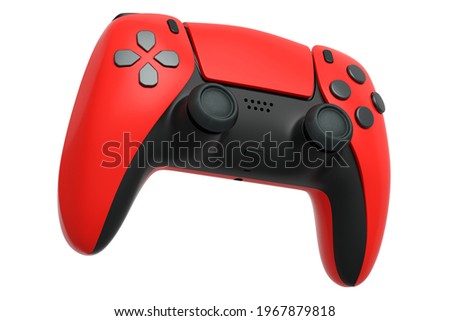 Realistic red video game controller on white background. 3D rendering of streaming gear for cloud gaming and gamer workspace concept