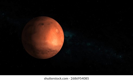 A realistic rendering of planet mars floating against the dark cosmic background with subtle stars and milky way glimpses suitable for space exploration themes