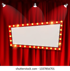 Realistic Retro Cinema Now Showing Announcement Board With Bulb Frame On Curtains Background.  Illustration 