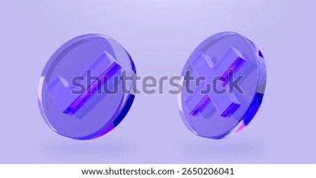 Realistic right and wrong answer 3D icon. Glossy correct and incorrect icons with check mark, Yes and no signs. 3D glass accept and rejection. Purple checkbox and mistake Graphic illustration icon set