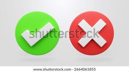 Realistic right and wrong answer 3D icon. Correct and incorrect icons with check mark, Yes No signs. 3D glass accept and rejection. Green and red checkbox mistake Graphic illustration icon set.