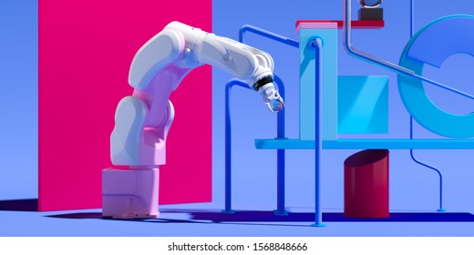 Realistic robotic mechanical arm holding glass ball on background with abstract geometric figures. 3d rendering.