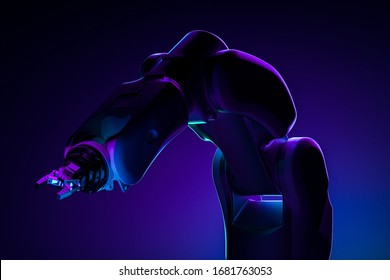 Realistic Robotic Mechanical Arm On Dark Background Illuminated By Neon Light. Artificial Intelligence. 3d Rendering