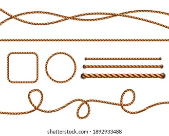 Realistic ropes. Yellow or brown curved nautical ropes with knots template