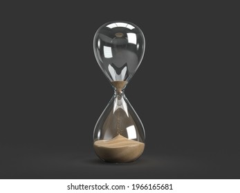 Realistic sand watch 3d rendering. Hourglass on a gray isolated background. 3d illustration. 