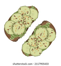 Realistic Sandwich Illustration. Cucumber And Avocado Bruschetta 