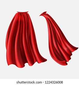 realistic set of red cloaks, flowing silk fabrics isolated on white background. Satin wavy materials, drapery. Carnival clothes, decorative costume for superhero, vampire, cape for illusionist