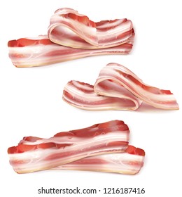  Realistic Set Of Thin Bacon Strips, Rashers, Raw Or Smoked Isolated On Background. Fatty Slices Of Pork Meat, Brisket Or Ham, Tasty Snack, Delicious Food For Breakfast. Clipart For Your Design