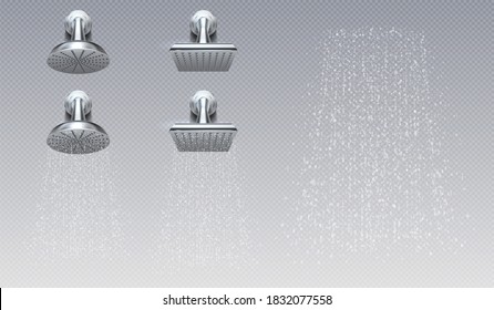 Realistic Shower Heads. Bathroom Rain Metal Shower Contemporary Sprinkler.  Illustration Creativity Design Elegant Showers With Water Drops Flowing On Transparent Background