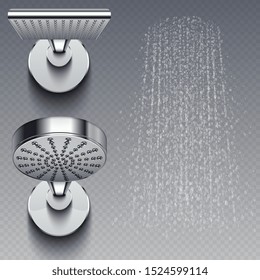 Realistic Shower Metal Heads And Trickles Of Water Illustration Isolated On Background