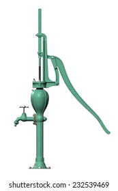 Realistic side view 3D render of an antique hand water pump isolated over white background
