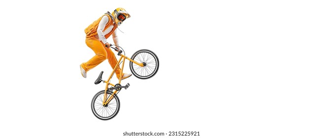 Realistic silhouette of a bmx rider, man is doing a trick, isolated on white background. Cycling sport transport. - Powered by Shutterstock