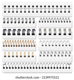 Realistic silver iron notebook binding wire spirals. Binding sketchbook or calendar sheets iron spirals  illustration set. Paper notebook spiral binders. Helical coils fastening sheets