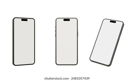 Realistic smartphone mockup on a white background. 3d mobile phone with blank white screen. Modern cell phone template. Illustration of device 3d blank screen.