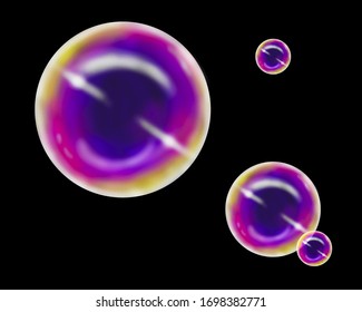 Realistic Soap Bubble Illustration. Pink, Blue, Yellow, Purple Colors, Semi Opaque