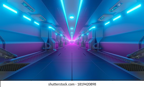 Realistic Spaceship Sci-fi Corridor Background, 3D Render.