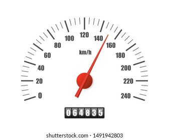 Realistic speedometer isolated on white background. Sport car odometer with motor miles measuring scale. Racing speed counter. Engine power concept template