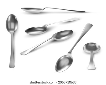 Realistic spoon views. 3D metal table utensil. Steel teaspoon top, angles and side view. Silver spoons for coffee, tea or dessert  set. Illustration of spoon metal, flatware realistic
