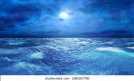 Realistic Stormy Sea At Night, Abstract Background 3D Rendering