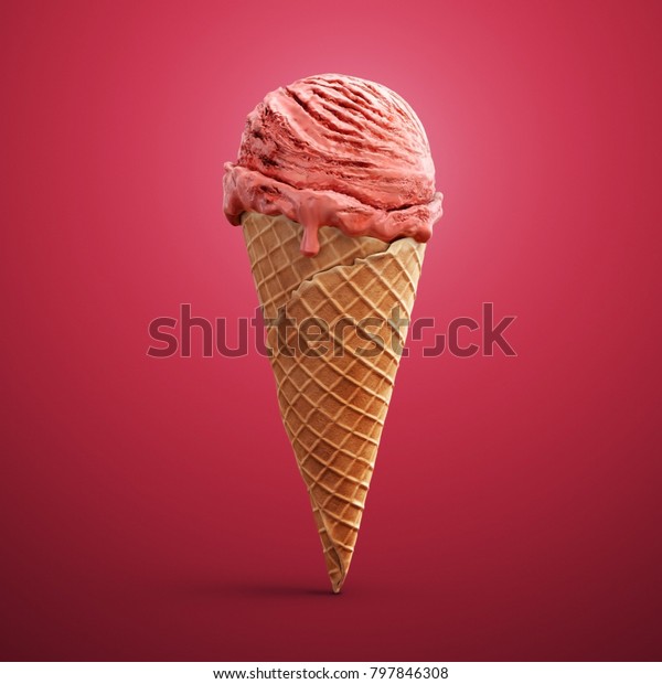 ピンクの背景にリアルなイチゴのアイスクリームと影 3dイラスト のイラスト素材