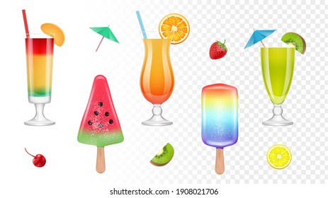 Realistic Summer Sweets. Fresh Juice, Cocktails And Ice Cream. Colorful Seasonal Food, Berries And Fruit Slices Set