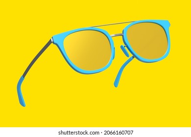 Realistic sunglasess and gradient lens   blue plastic frame for summertime yellow background  3d render family travel concept   eyes protection sun