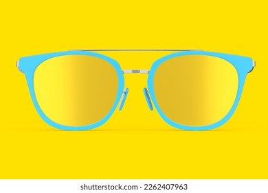Realistic sunglasess and gradient lens   blue plastic frame for summertime yellow background  3d render family travel concept   eyes protection sun