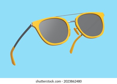 Realistic sunglasess with gradient lens and orange plastic frame for summertime on blue background. 3d render family travel concept and eyes protection on sun