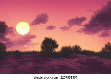 Realistic Sunset Painting With Foreground Trees