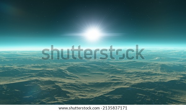 realistic surface of an alien planet, view from
the surface of an exo-planet, canyons on an alien planet, stone
planet, desert planet 3d
render