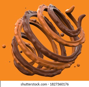 Realistic Swirl Of Hot Chocolate And Stream Of Caramel. Brown Liquid Food With Splashes Isolated On White Background. Creamy Pouring Elements For Package Design. 3d Illustration